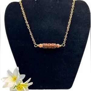 Necklace Handmade Carved Wood Natural Stone Terracotta/Black/Brown 17”-20”